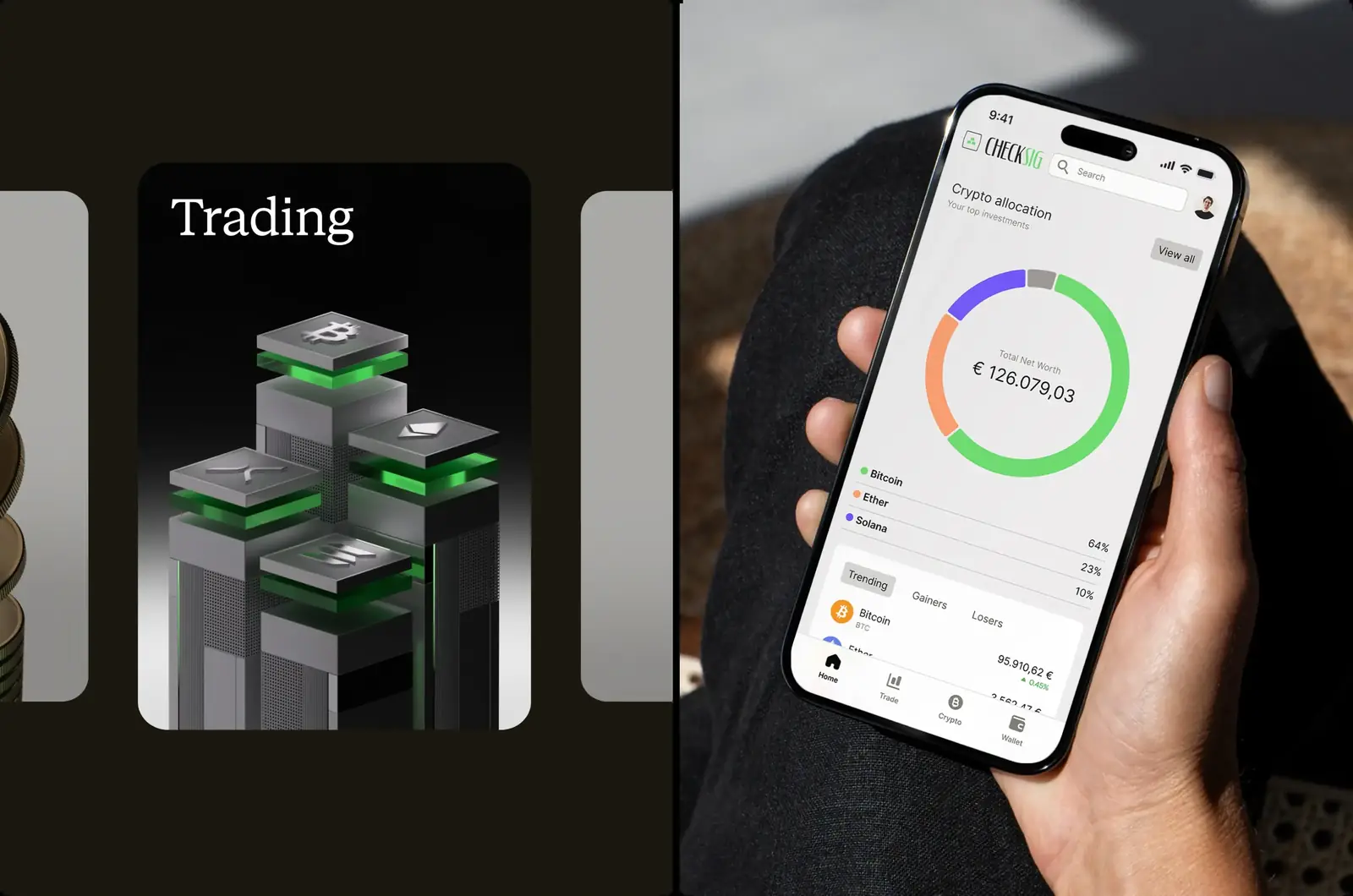 The 'Trading' render and the CheckSig app on a smartphone
