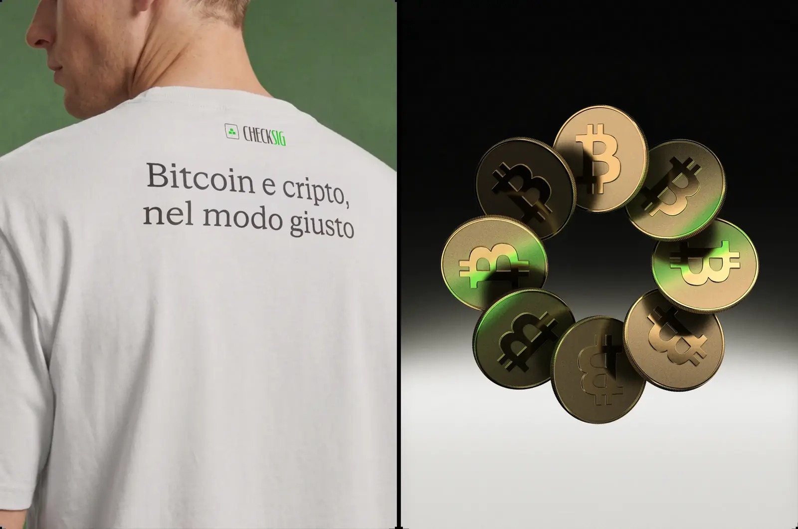 T-shirt CheckSig con il payoff 'Bitcoin e cripto, nel modo giusto' e monete Bitcoin